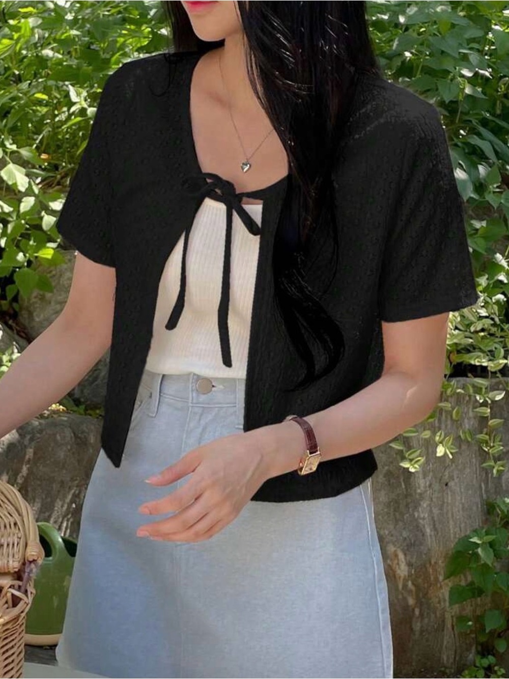 Black Short Sleeve Tie-Front Cardigan Top